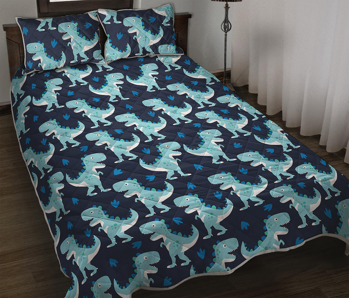 Cute Blue T-Rex Dinosaur Pattern Print Quilt Bed Set