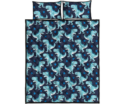 Cute Blue T-Rex Dinosaur Pattern Print Quilt Bed Set
