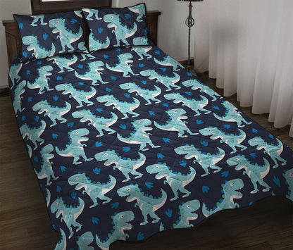 Cute Blue T-Rex Dinosaur Pattern Print Quilt Bed Set