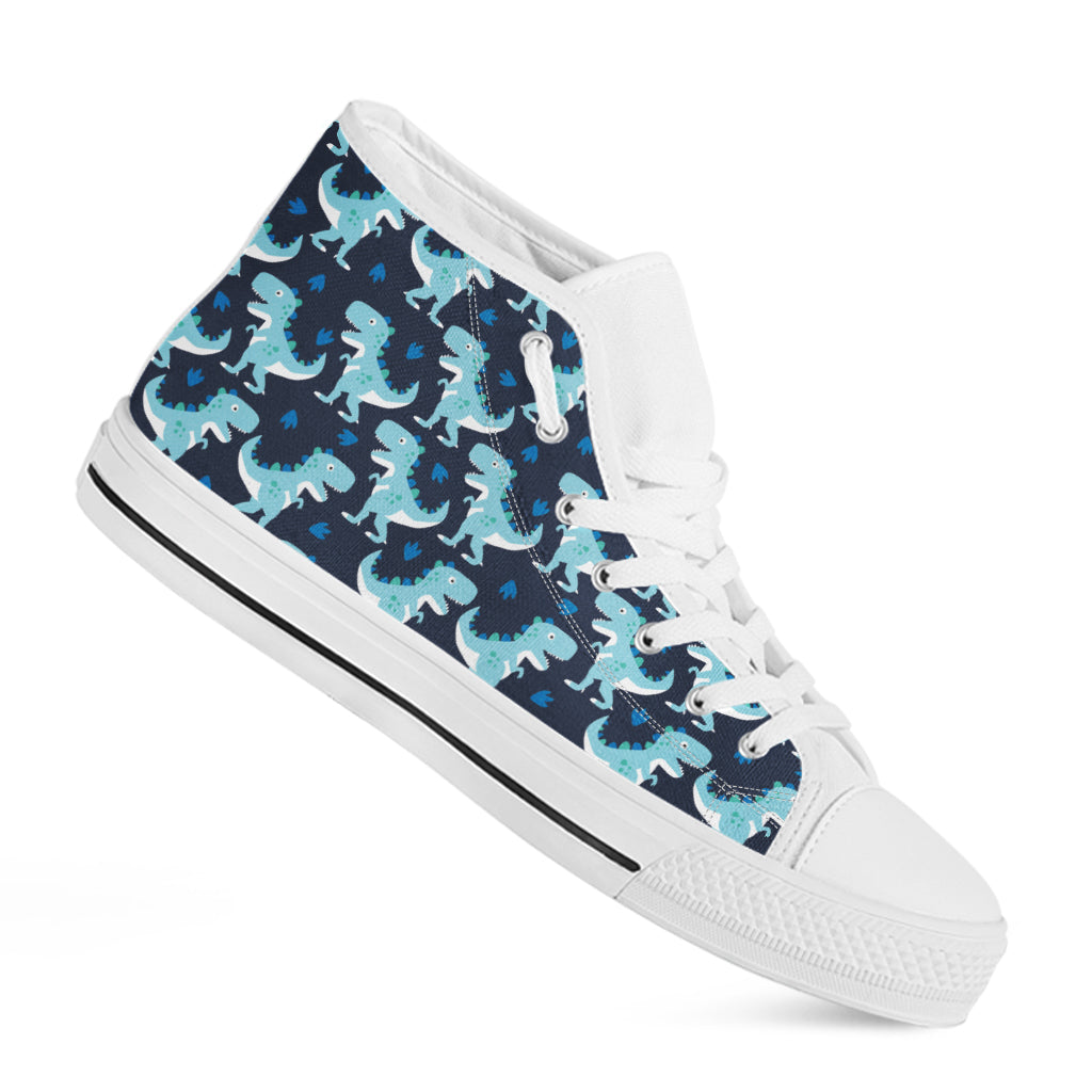Cute Blue T-Rex Dinosaur Pattern Print White High Top Shoes