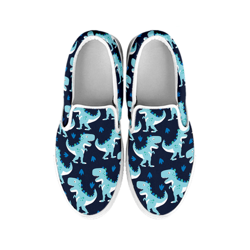 Cute Blue T-Rex Dinosaur Pattern Print White Slip On Shoes