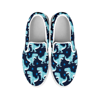 Cute Blue T-Rex Dinosaur Pattern Print White Slip On Shoes