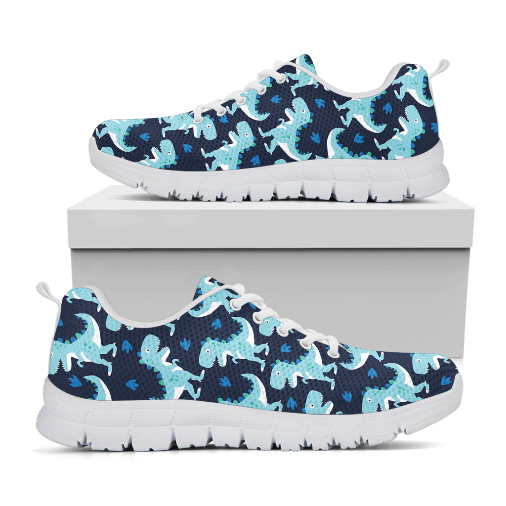 Cute Blue T-Rex Dinosaur Pattern Print White Sneakers