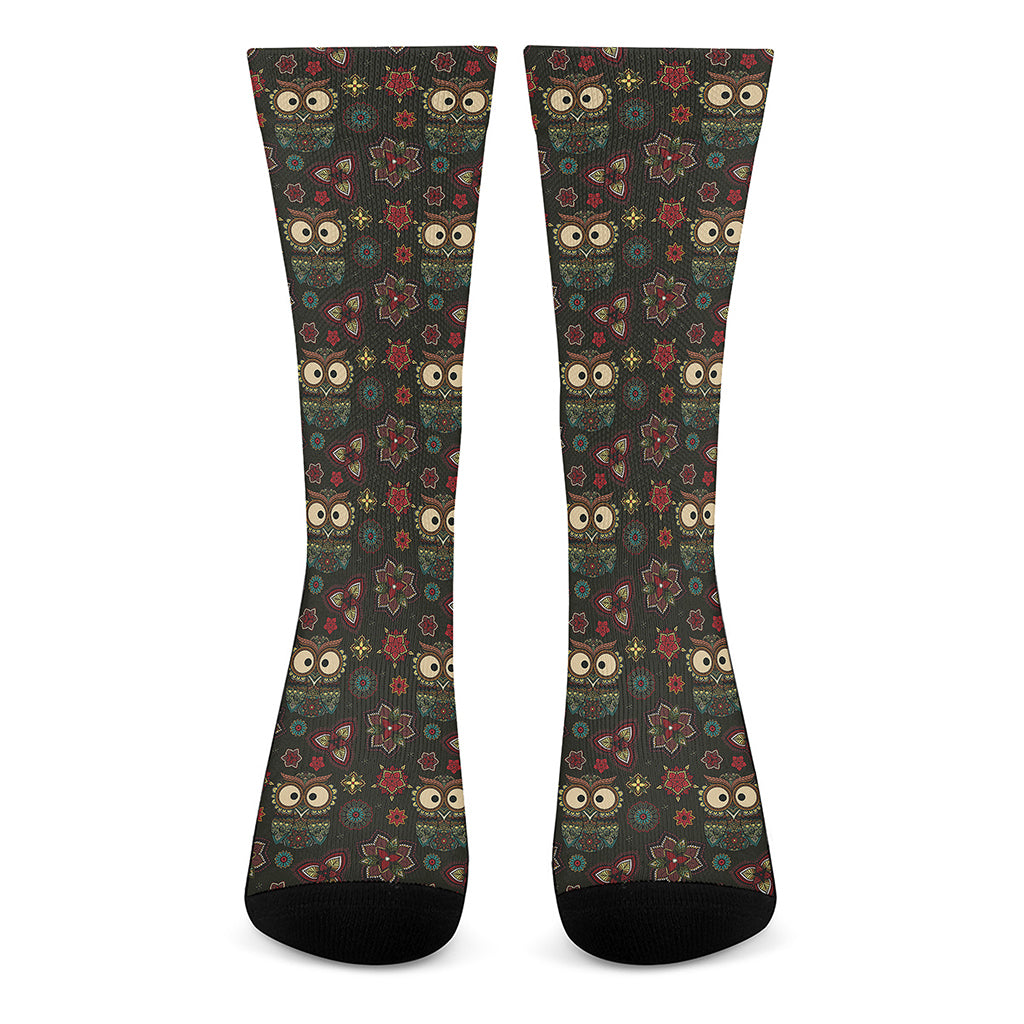 Cute Boho Owl Pattern Print Crew Socks