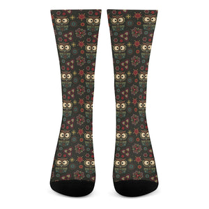 Cute Boho Owl Pattern Print Crew Socks