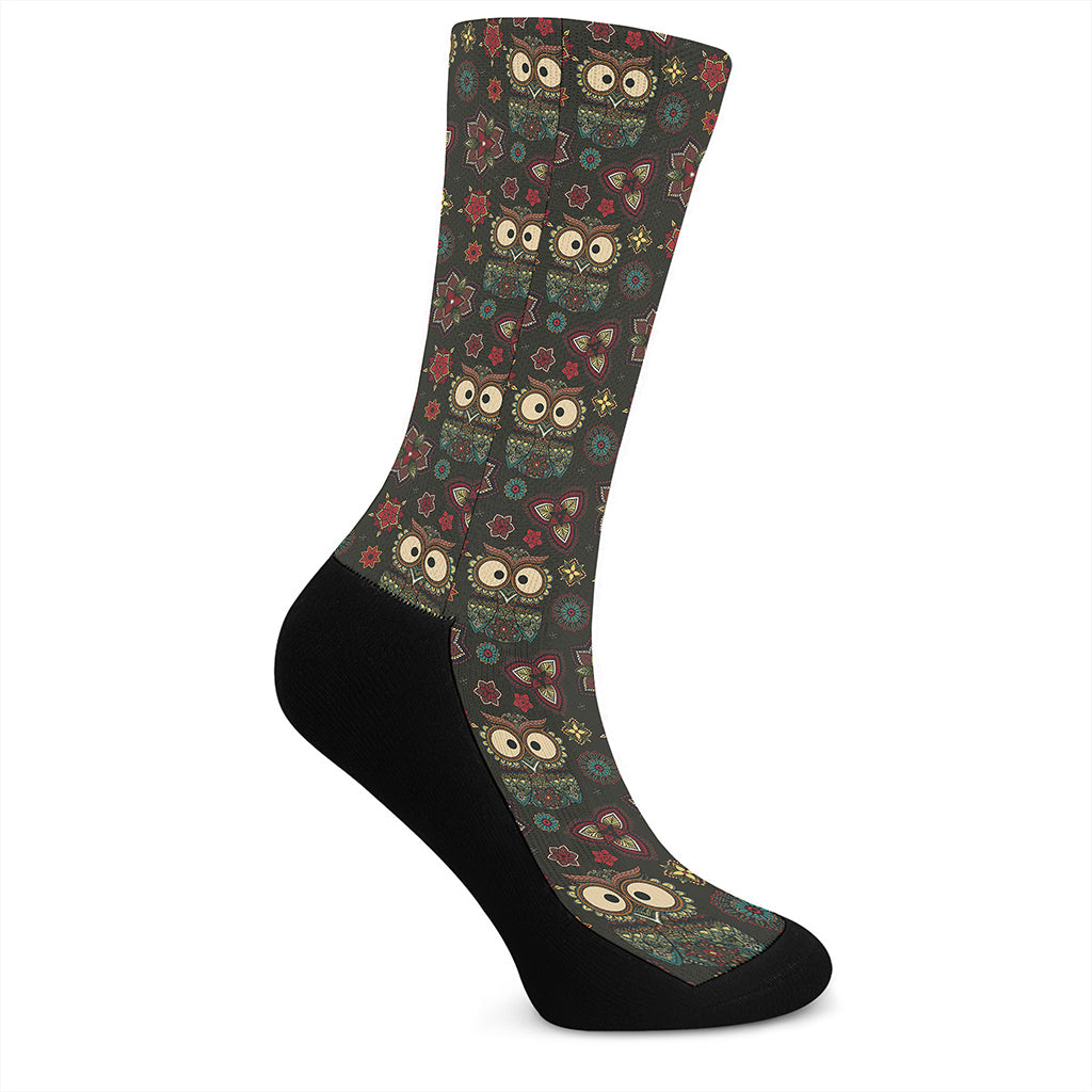 Cute Boho Owl Pattern Print Crew Socks