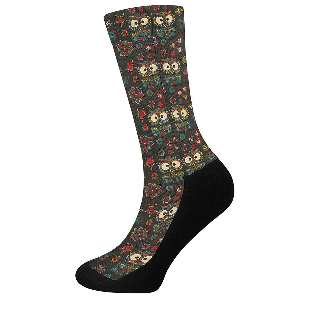 Cute Boho Owl Pattern Print Crew Socks