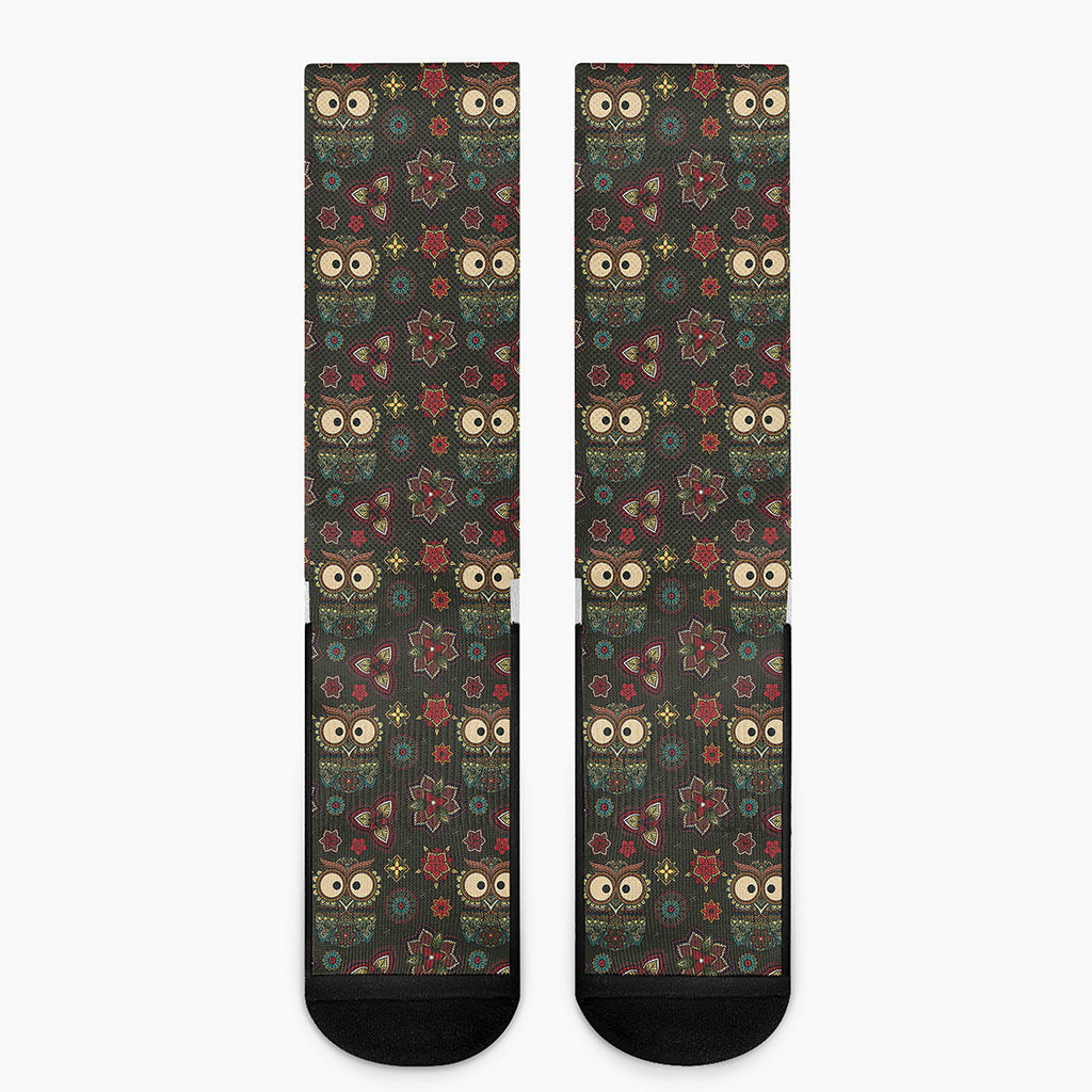 Cute Boho Owl Pattern Print Crew Socks