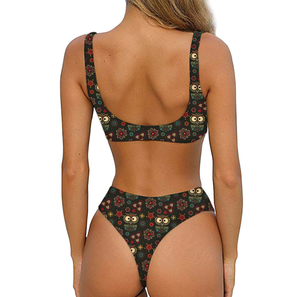 Cute Boho Owl Pattern Print Front Bow Tie Bikini