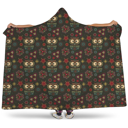 Cute Boho Owl Pattern Print Hooded Blanket
