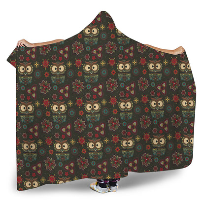 Cute Boho Owl Pattern Print Hooded Blanket
