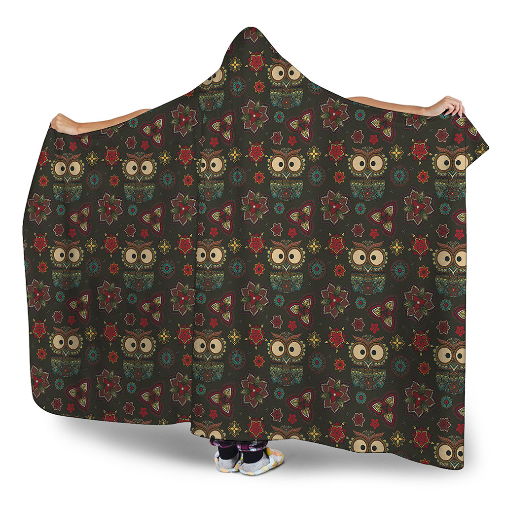 Cute Boho Owl Pattern Print Hooded Blanket