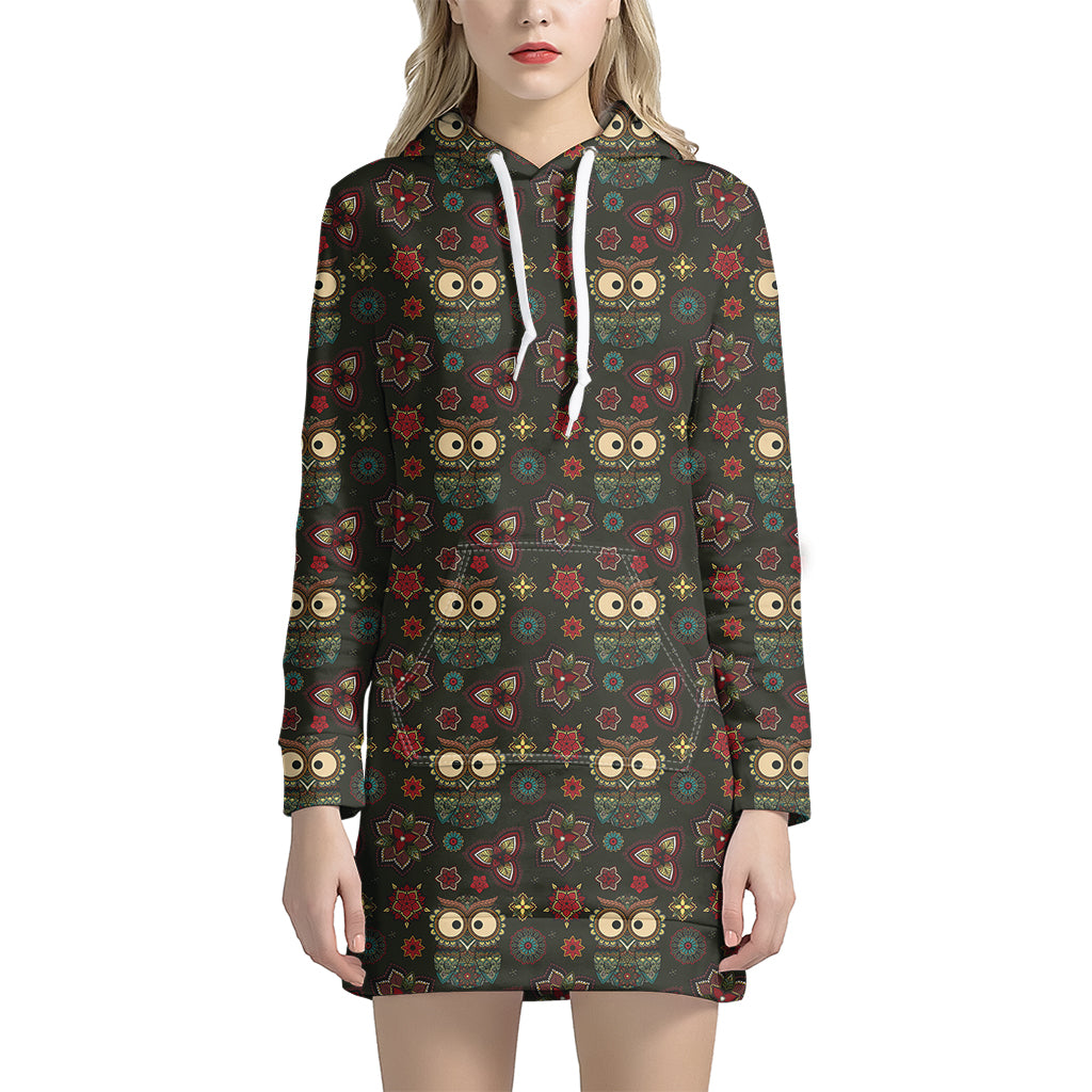 Cute Boho Owl Pattern Print Hoodie Dress