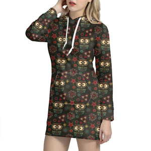 Cute Boho Owl Pattern Print Hoodie Dress