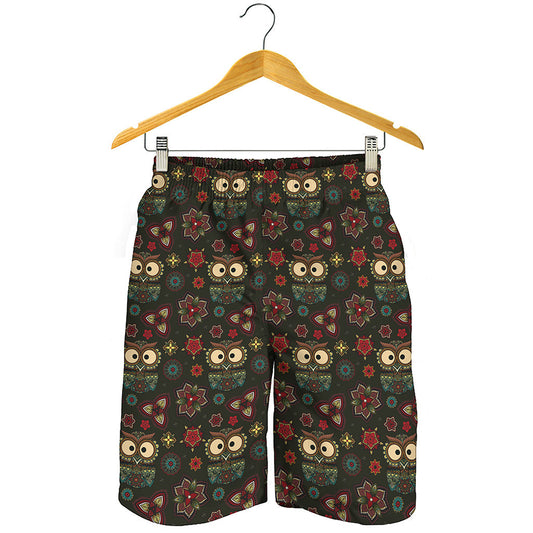 Cute Boho Owl Pattern Print Men's Shorts