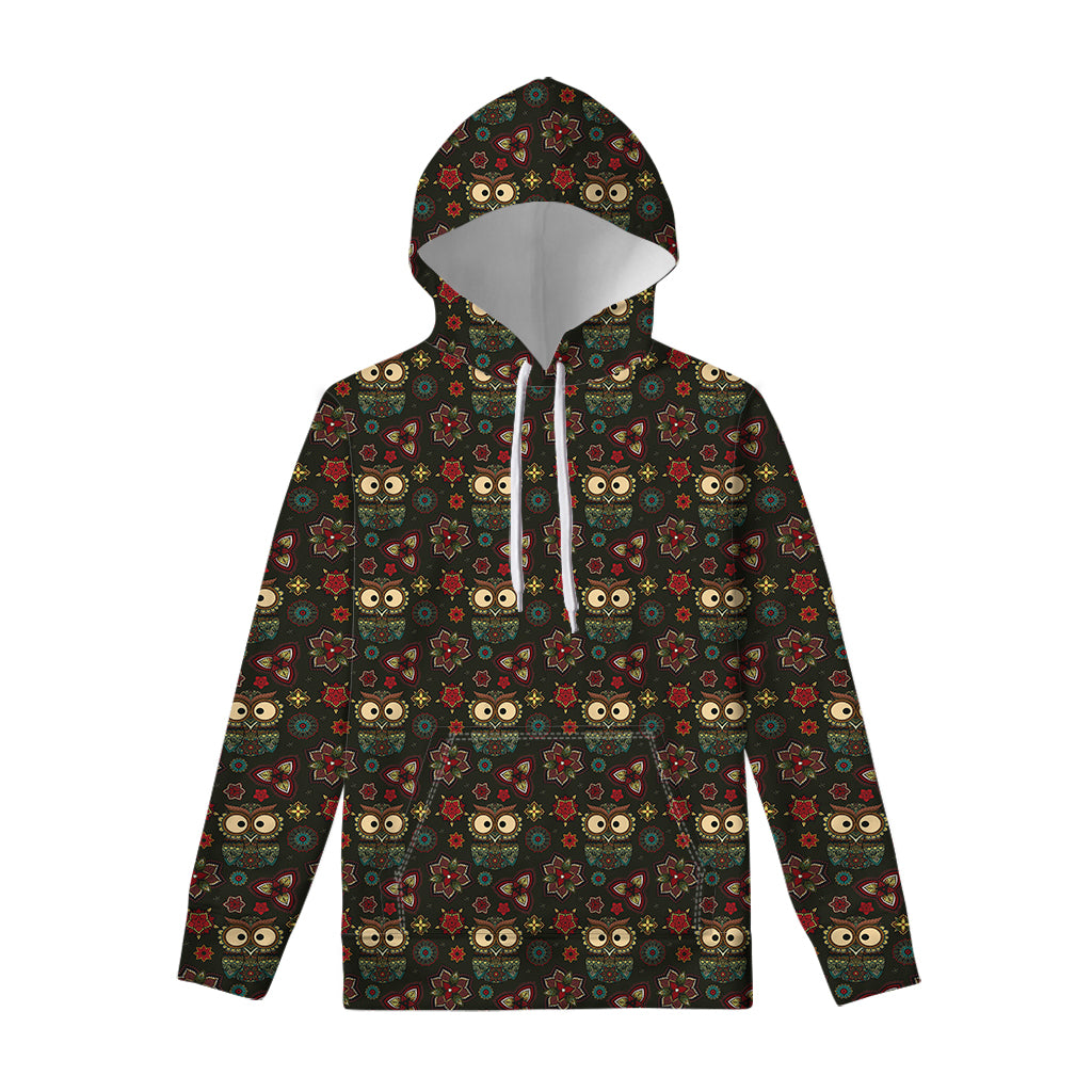 Cute Boho Owl Pattern Print Pullover Hoodie