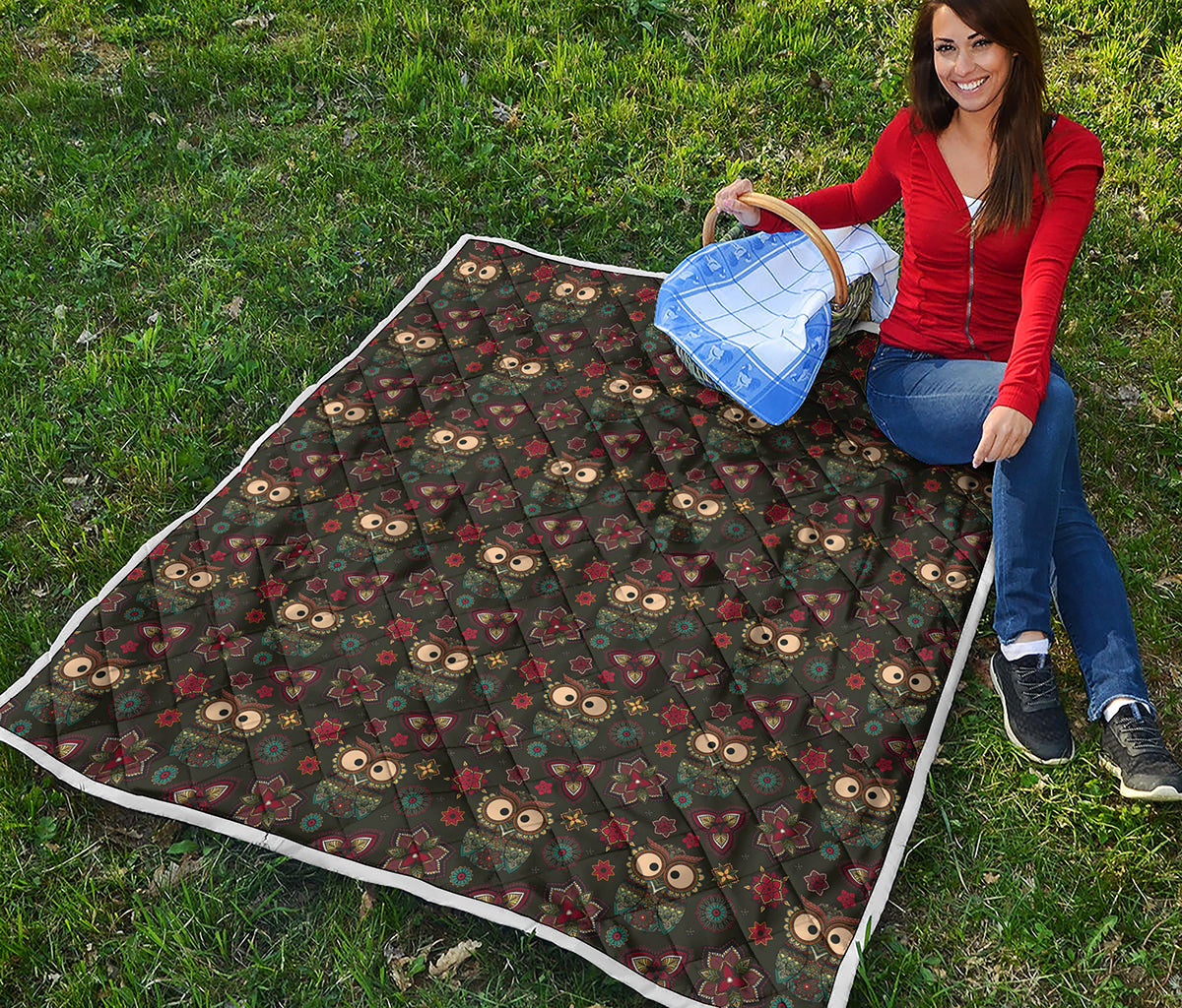 Cute Boho Owl Pattern Print Quilt