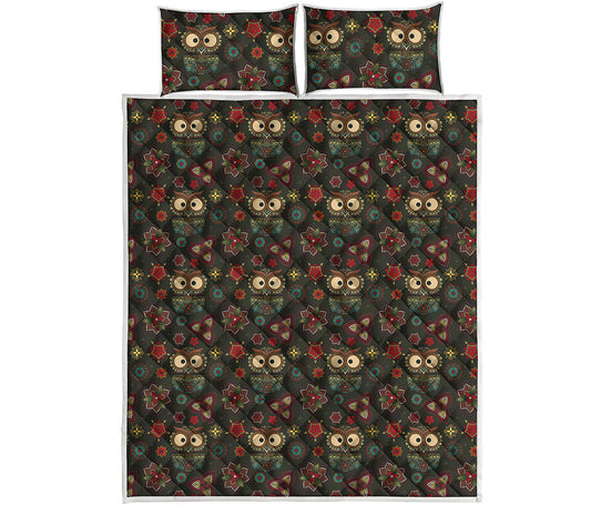 Cute Boho Owl Pattern Print Quilt Bed Set