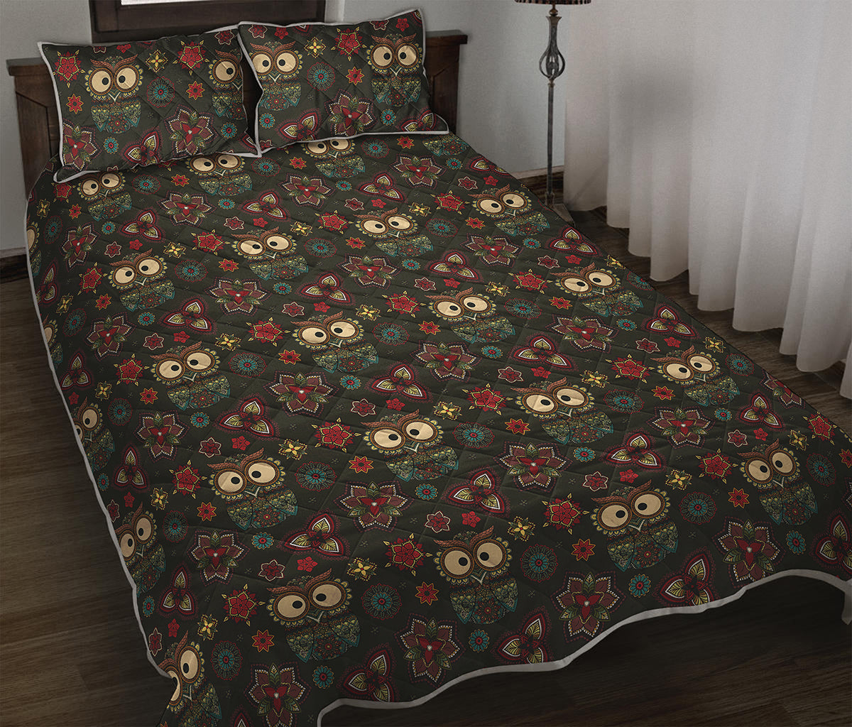Cute Boho Owl Pattern Print Quilt Bed Set