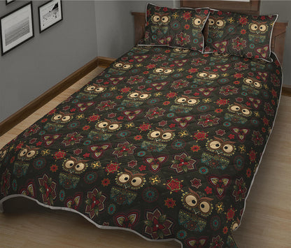 Cute Boho Owl Pattern Print Quilt Bed Set
