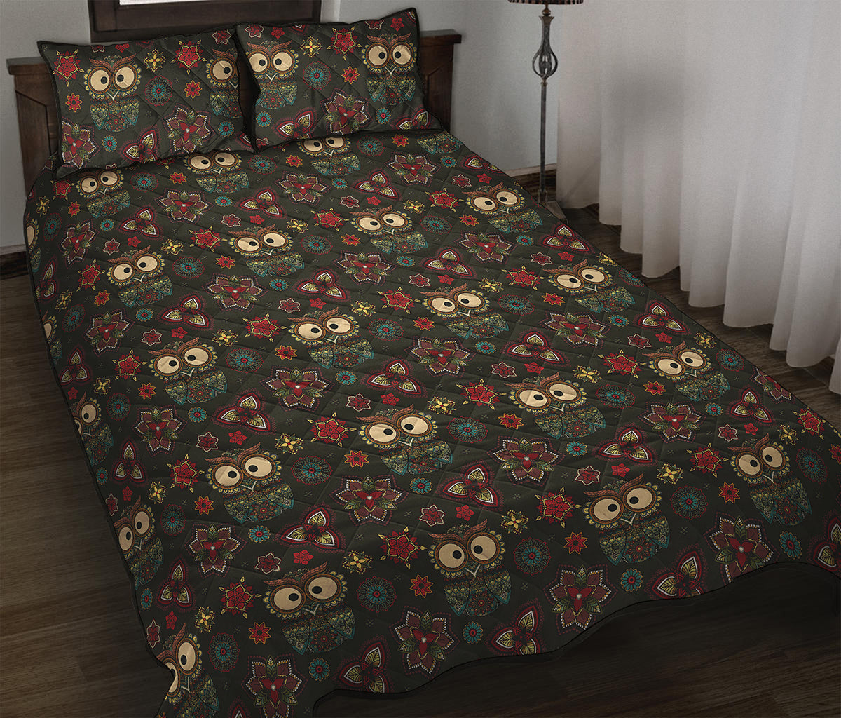 Cute Boho Owl Pattern Print Quilt Bed Set