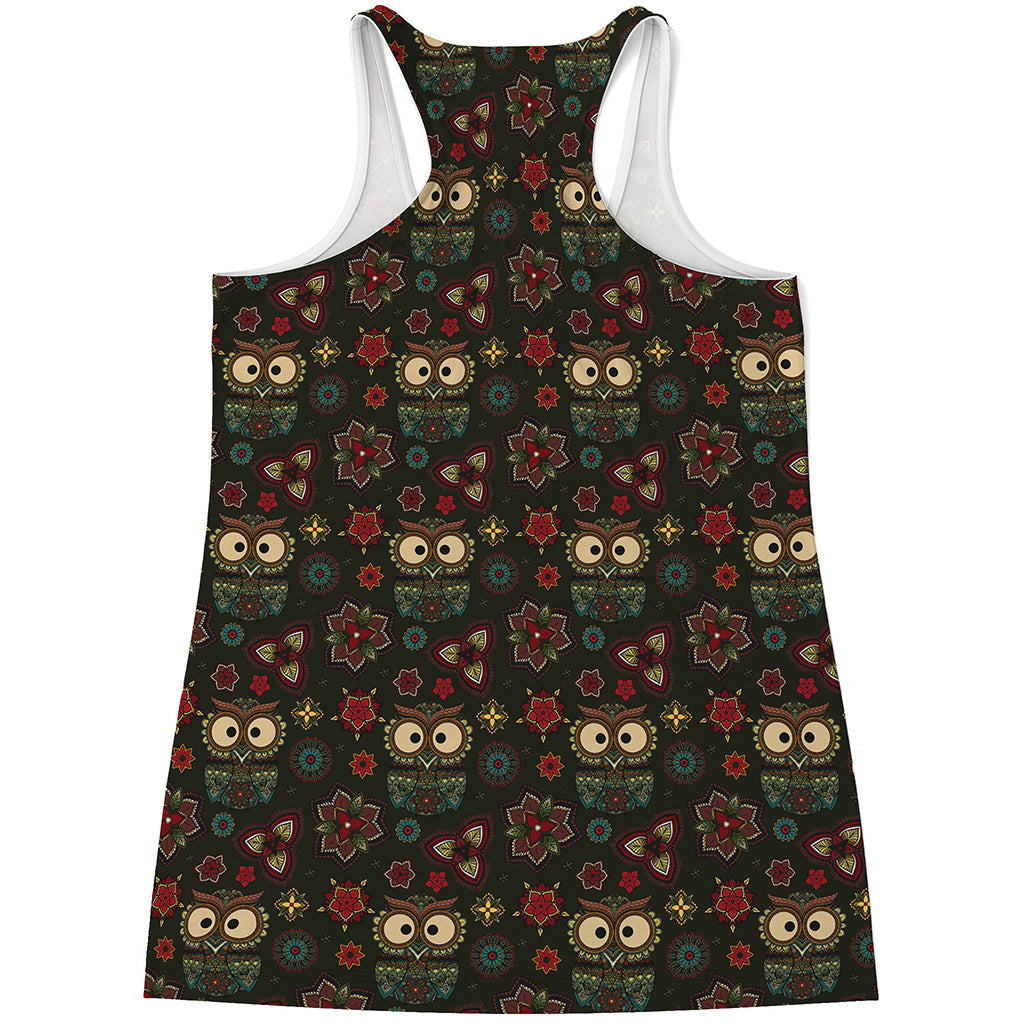 Cute Boho Owl Pattern Print Women's Racerback Tank Top