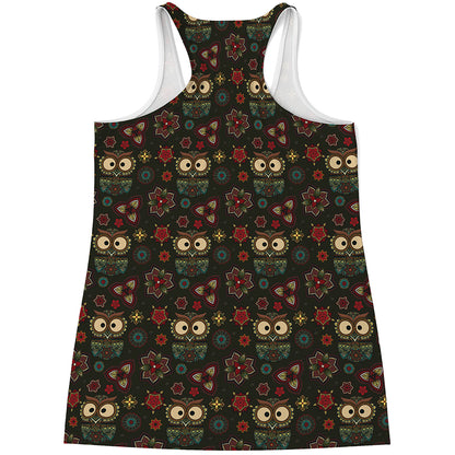 Cute Boho Owl Pattern Print Women's Racerback Tank Top