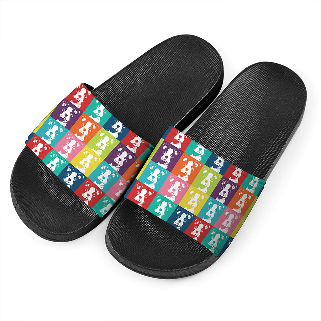 Cute Boston Terrier Faces Print Black Slide Sandals