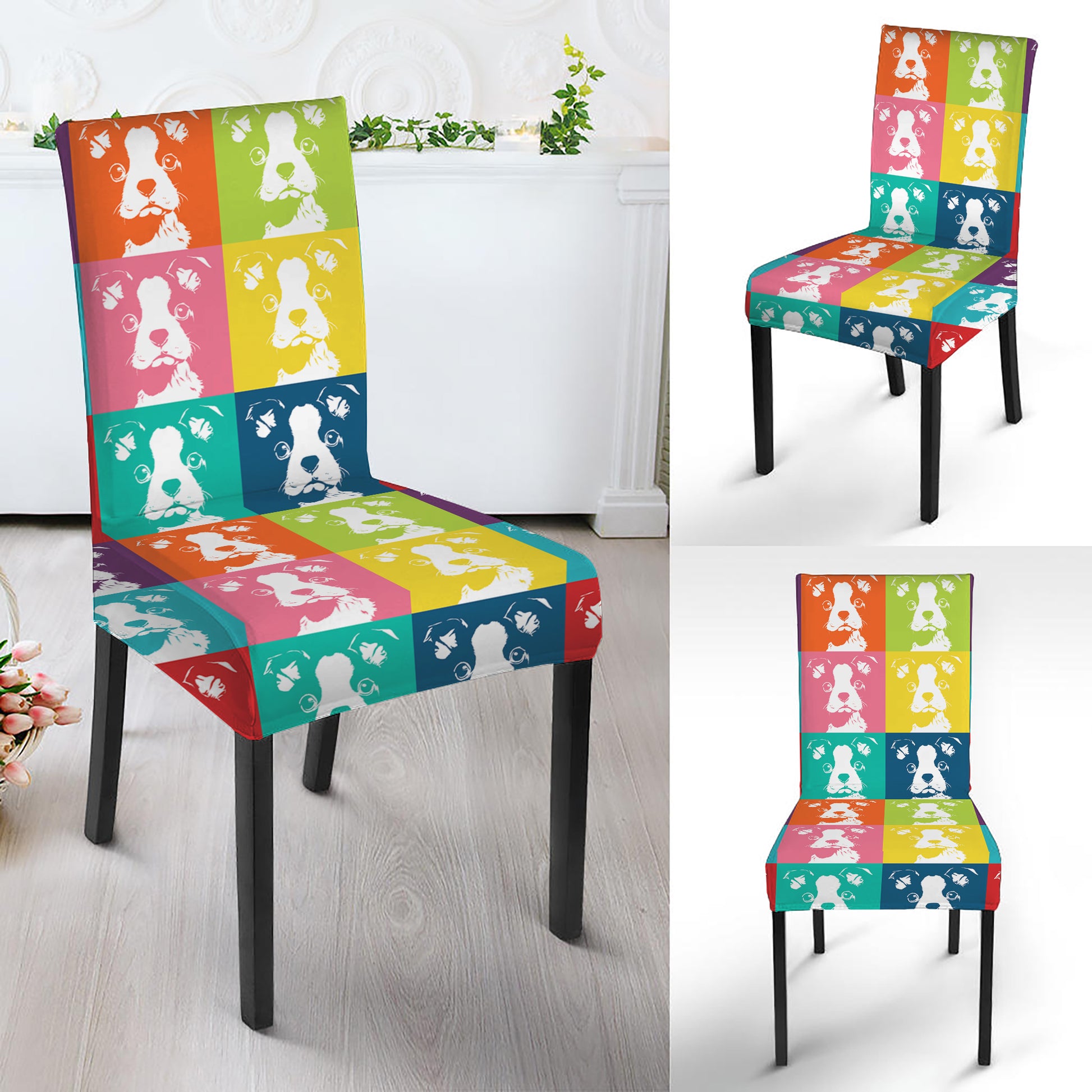 Cute Boston Terrier Faces Print Dining Chair Slipcover