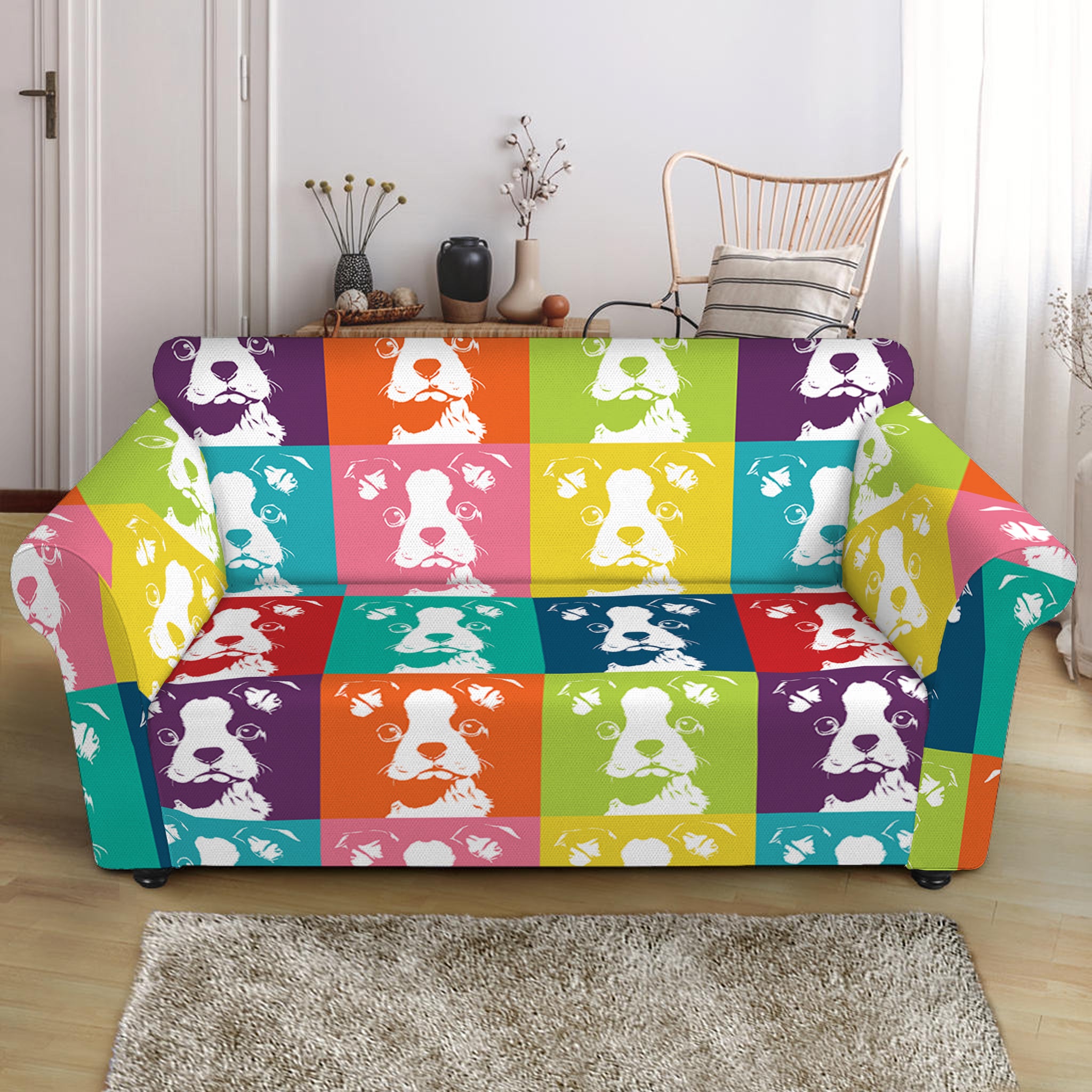 Cute Boston Terrier Faces Print Loveseat Slipcover