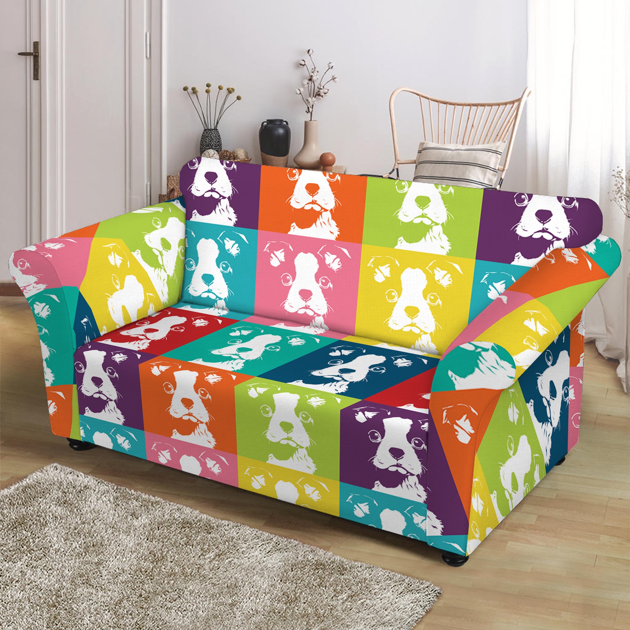 Cute Boston Terrier Faces Print Loveseat Slipcover