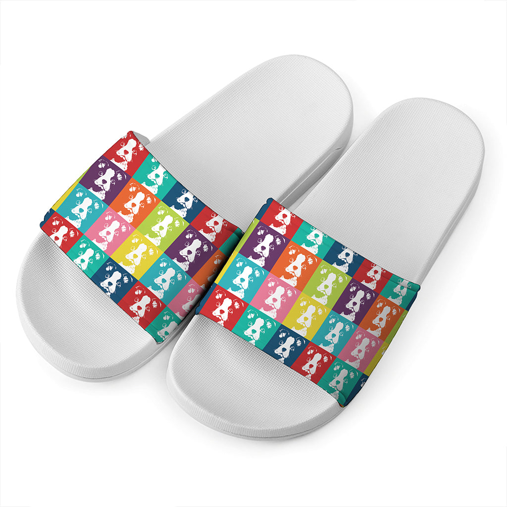 Cute Boston Terrier Faces Print White Slide Sandals