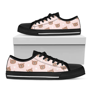 Cute Brown Bear Pattern Print Black Low Top Shoes