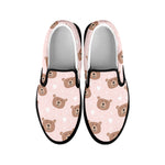 Cute Brown Bear Pattern Print Black Slip On Shoes