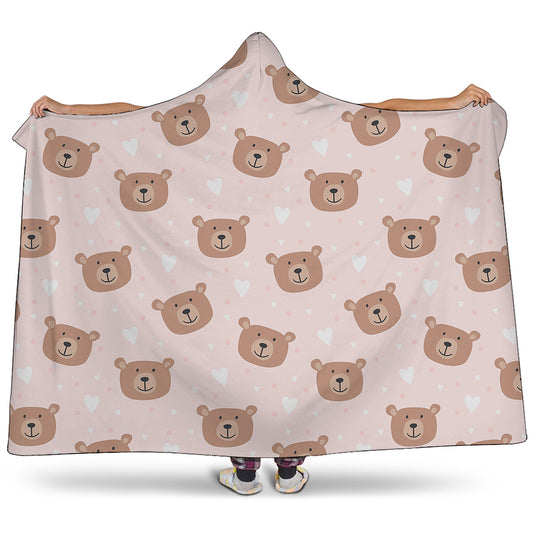 Cute Brown Bear Pattern Print Hooded Blanket