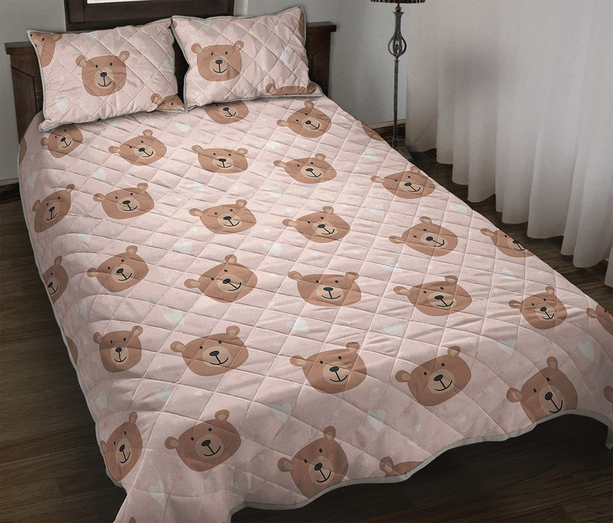 Cute Brown Bear Pattern Print Quilt Bed Set