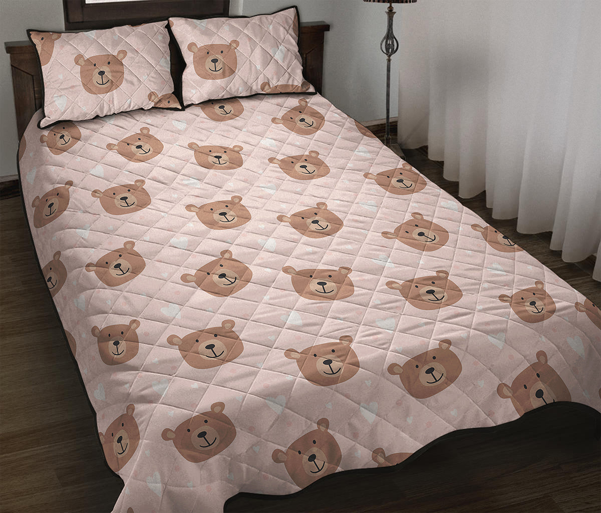 Cute Brown Bear Pattern Print Quilt Bed Set