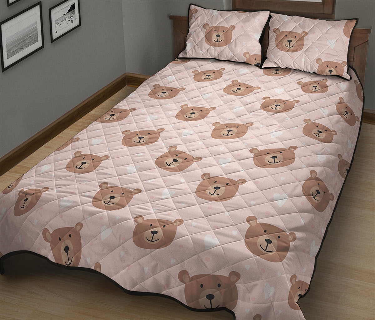 Cute Brown Bear Pattern Print Quilt Bed Set