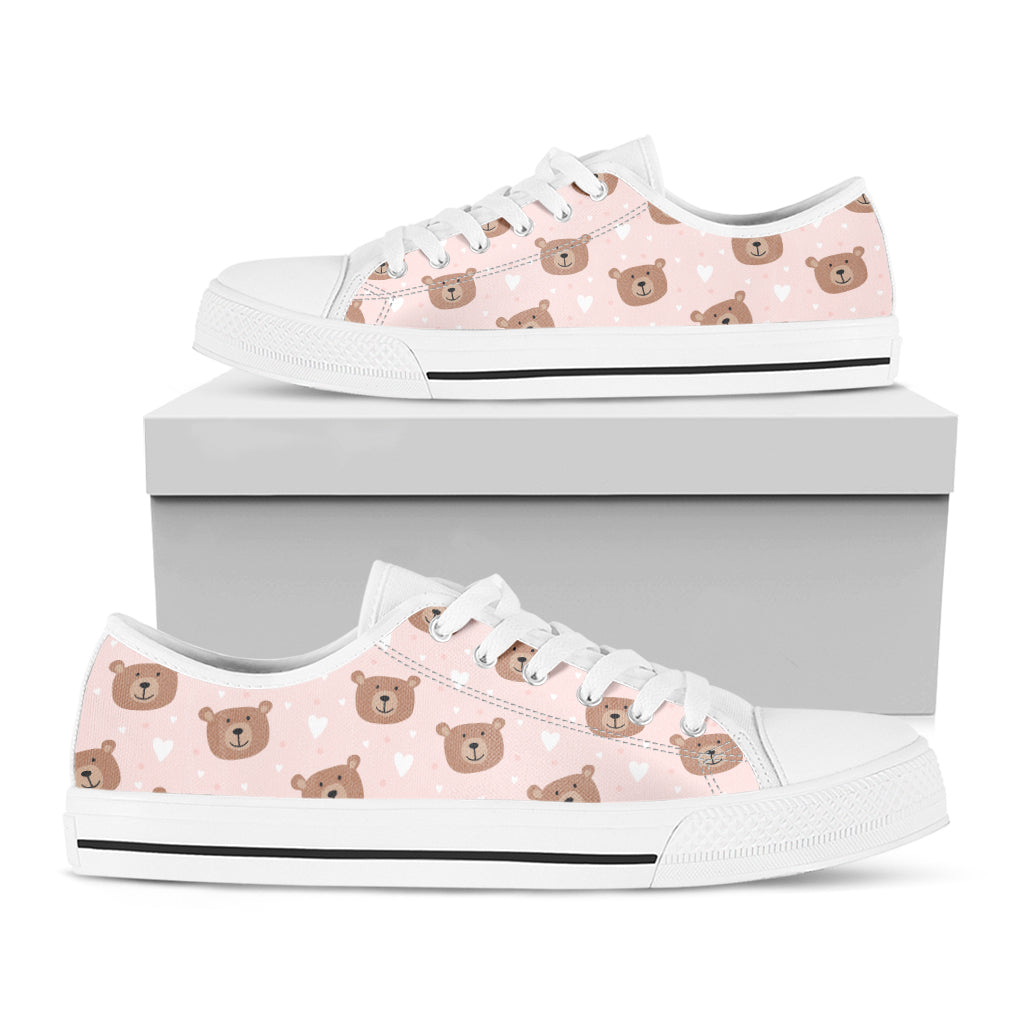 Cute Brown Bear Pattern Print White Low Top Shoes