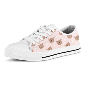 Cute Brown Bear Pattern Print White Low Top Shoes