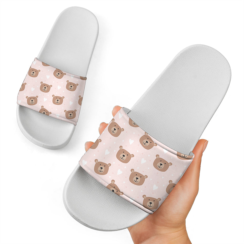 Cute Brown Bear Pattern Print White Slide Sandals