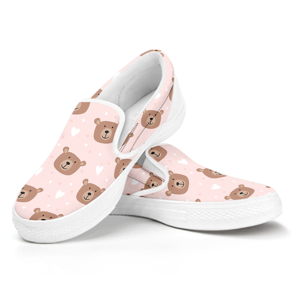 Cute Brown Bear Pattern Print White Slip On Shoes