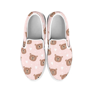 Cute Brown Bear Pattern Print White Slip On Shoes