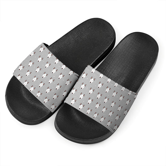 Cute Bull Terrier Faces Pattern Print Black Slide Sandals