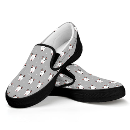 Cute Bull Terrier Faces Pattern Print Black Slip On Shoes