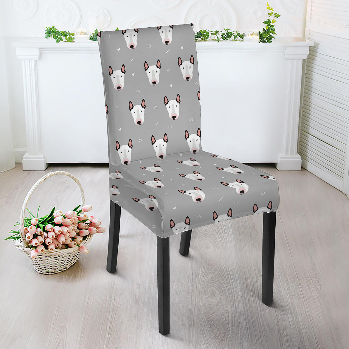 Cute Bull Terrier Faces Pattern Print Dining Chair Slipcover