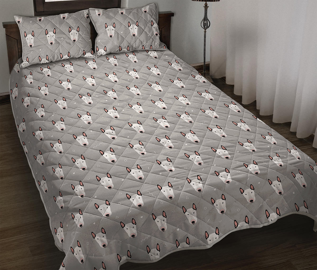 Cute Bull Terrier Faces Pattern Print Quilt Bed Set