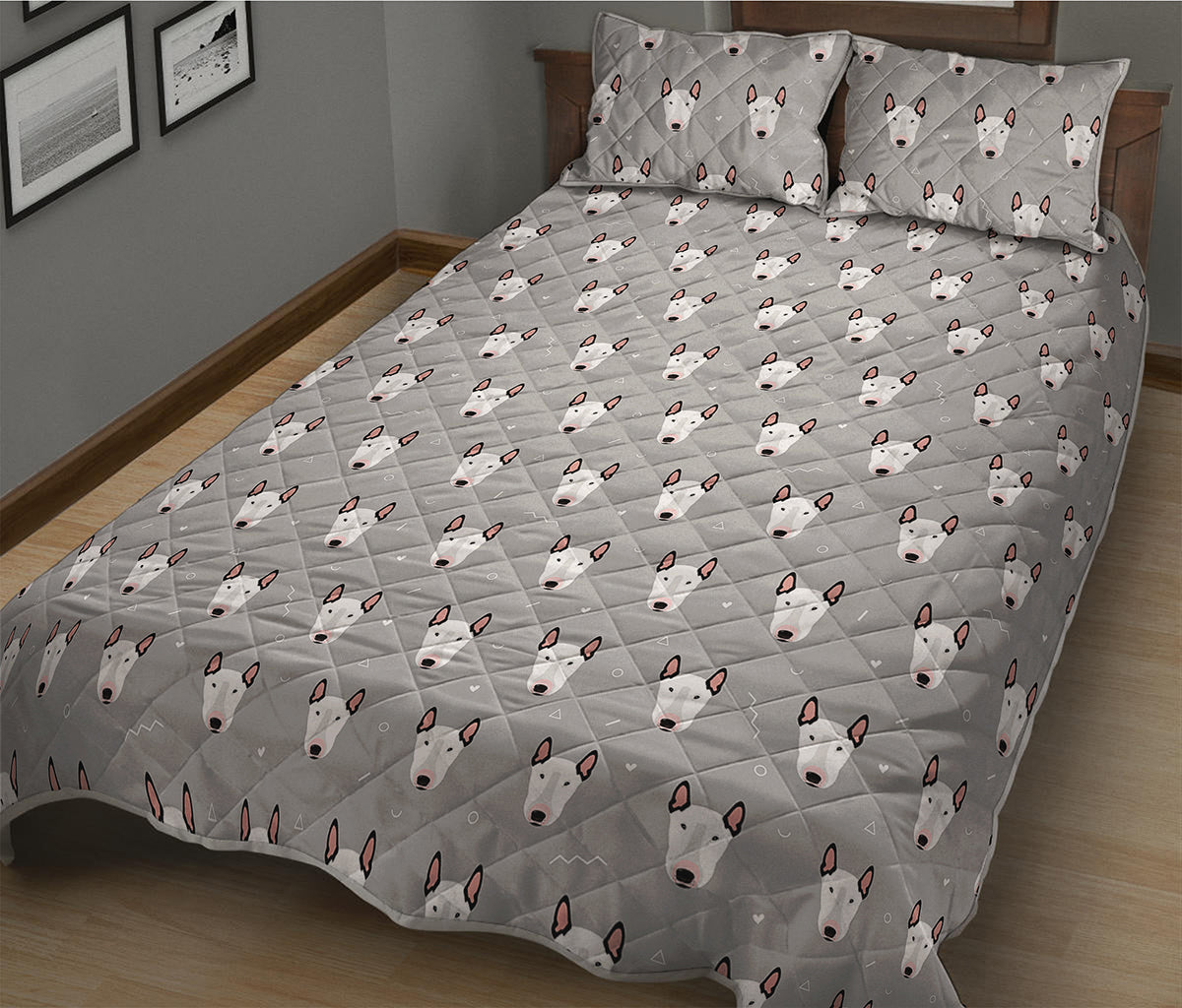 Cute Bull Terrier Faces Pattern Print Quilt Bed Set