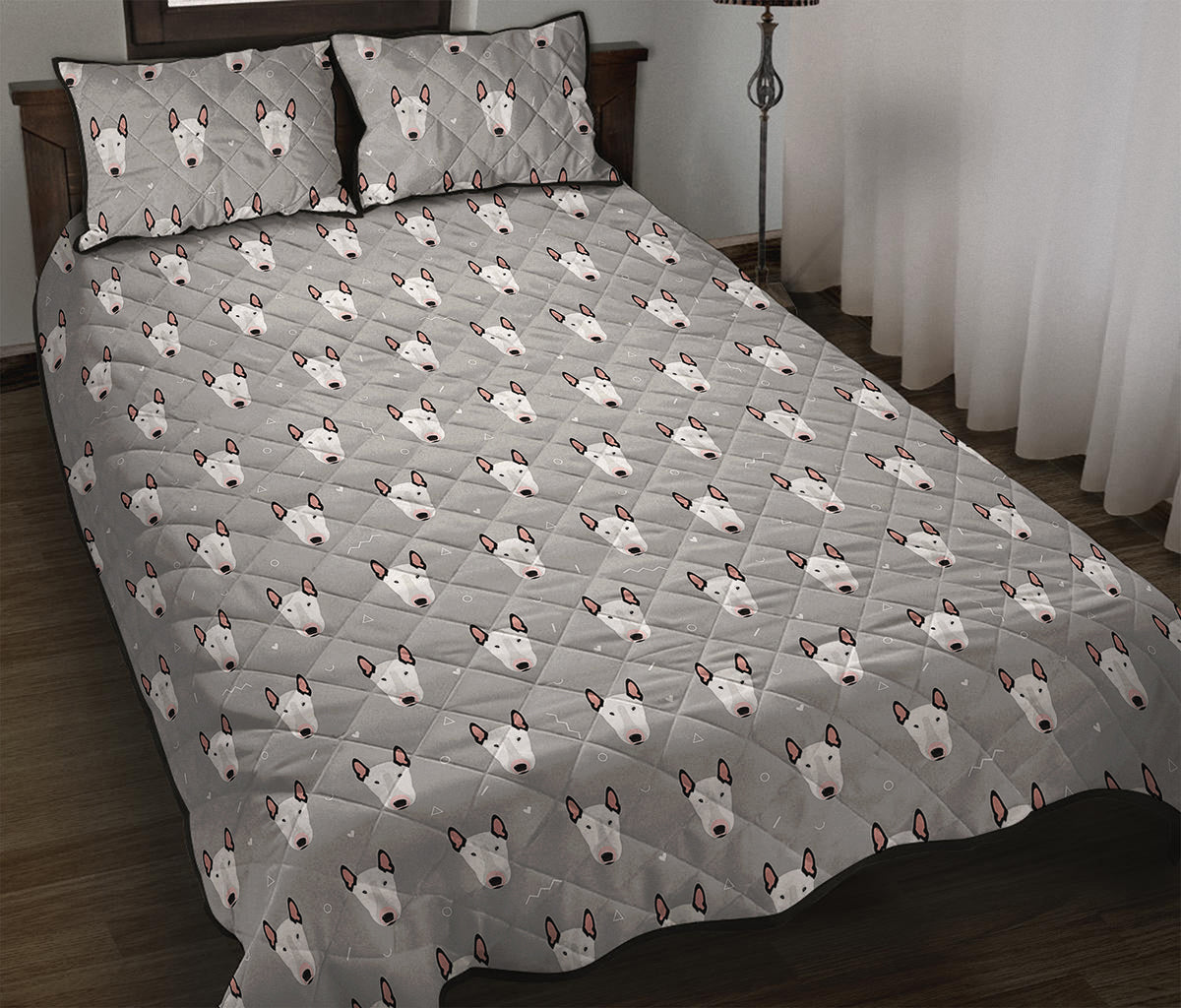 Cute Bull Terrier Faces Pattern Print Quilt Bed Set