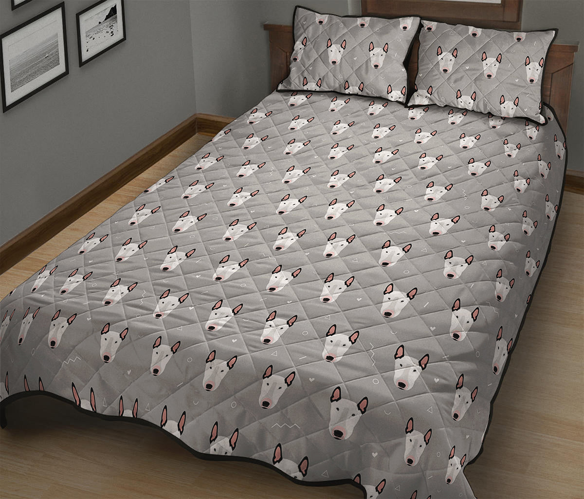 Cute Bull Terrier Faces Pattern Print Quilt Bed Set